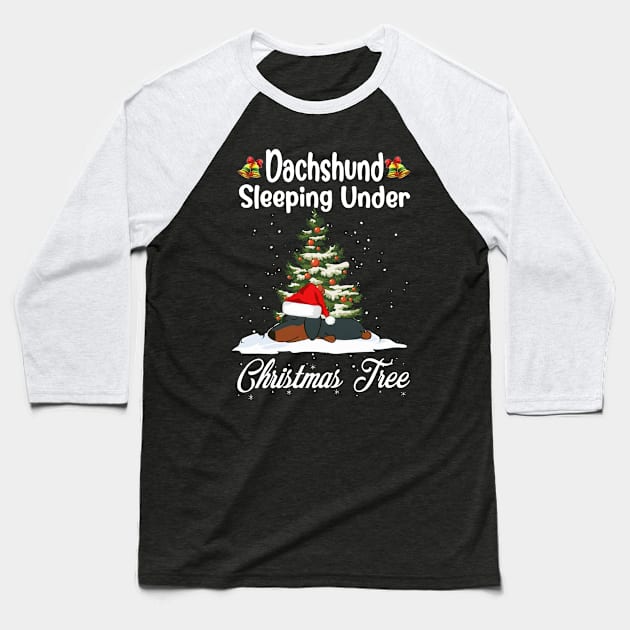 Dachshund Sleeping Under Christmas Tree Funny Xmas Baseball T-Shirt by PlumleelaurineArt